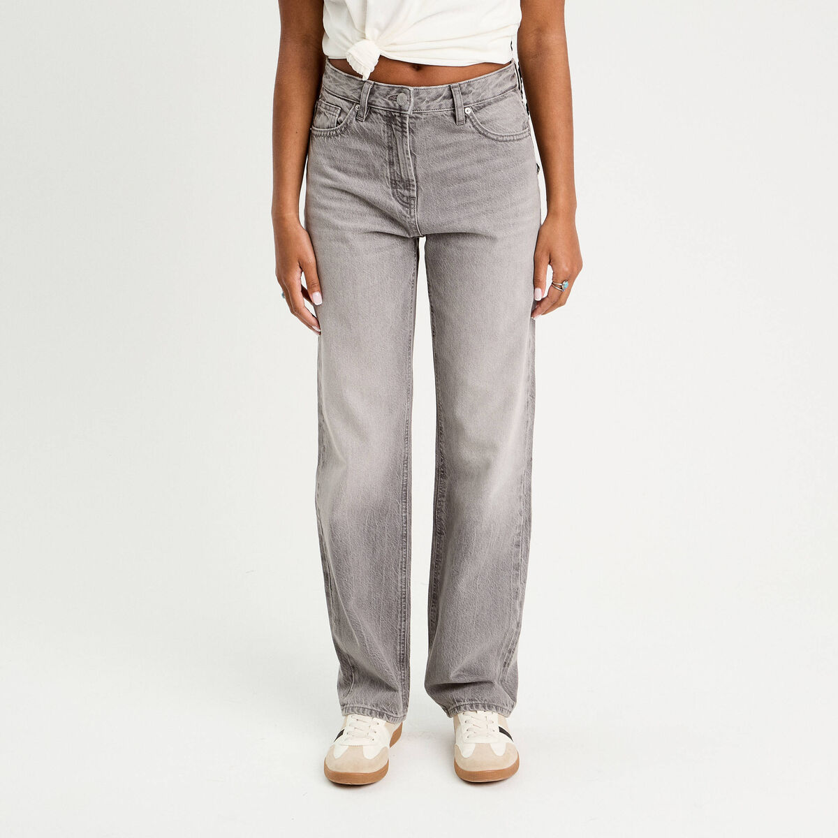 Jeans droit 5 poches denim gris femme
