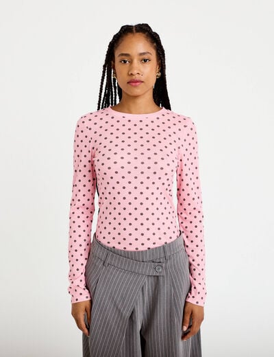 T-shirt ajust&eacute; col rond manches longues rose corail femme