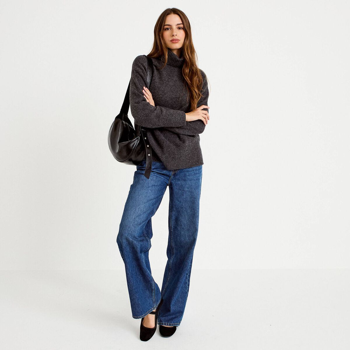 Pull col roul&eacute; manches longues gris femme