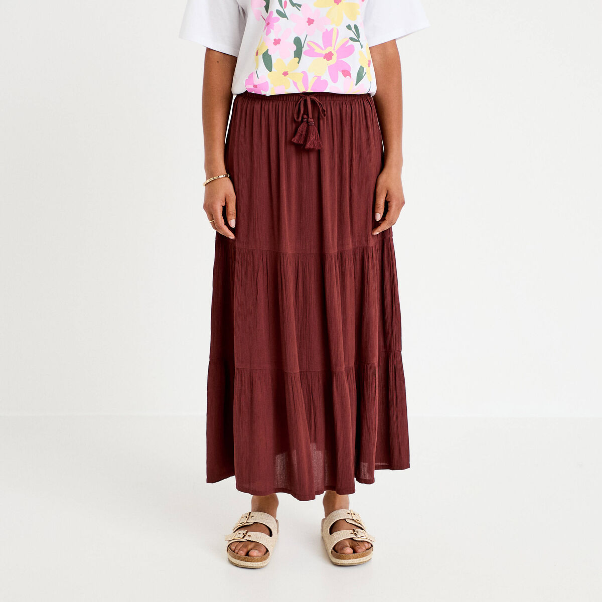 Jupe longue pliss&eacute;e &eacute;vas&eacute;e marron femme