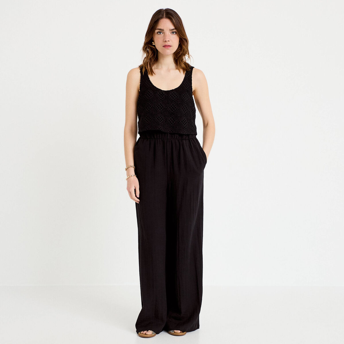 Combinaison bi-mati&egrave;re coupe large noir femme