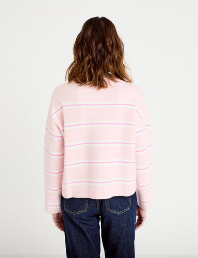 Polo manches longues col chemise rose poudr&eacute;e femme