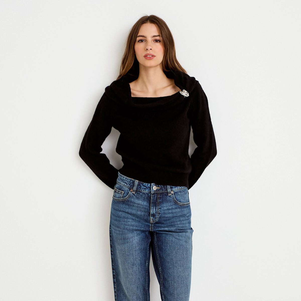 Pull col bardot manches longues noir femme