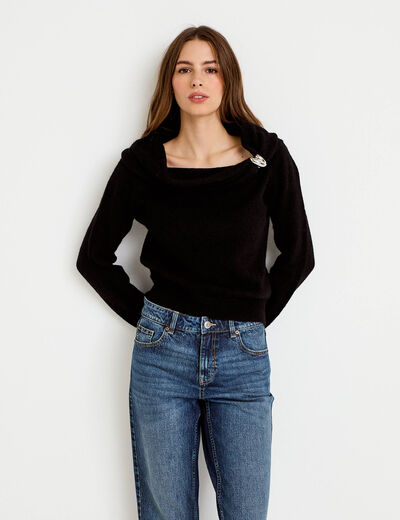 Pull col bardot manches longues noir femme