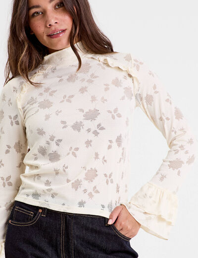 Blouse ajour&eacute;e col montant dentelle ivoire femme