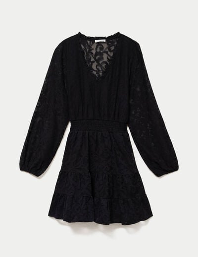 Robe courte &eacute;vas&eacute;e en dentelle col v noir femme