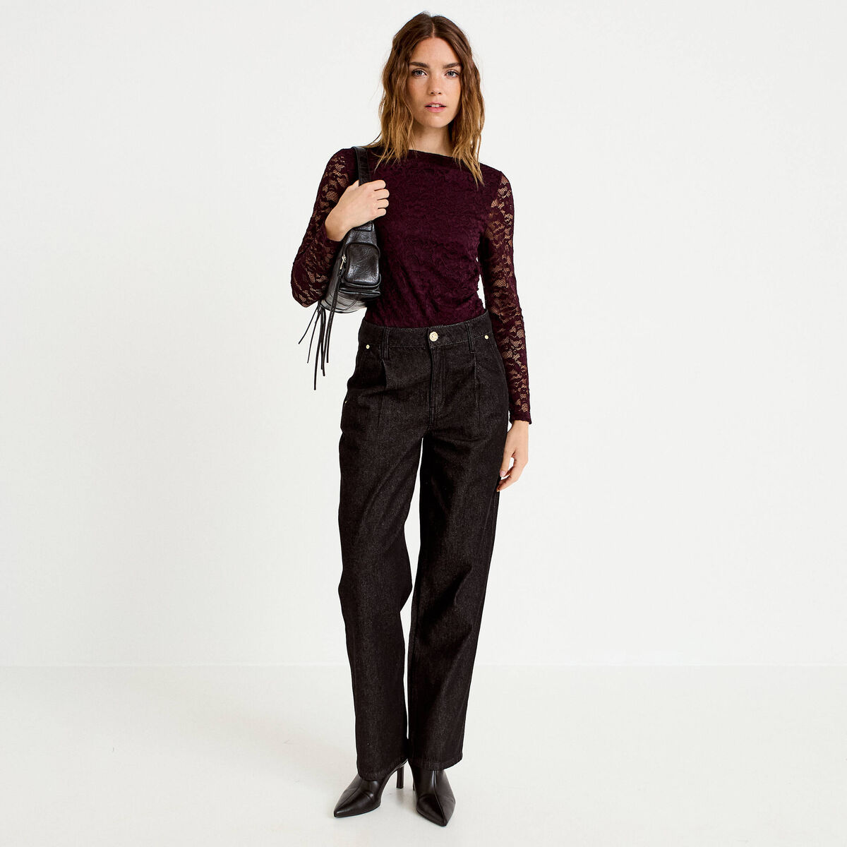 Body ajust&eacute; dentelle col bateau violet fonc&eacute; femme