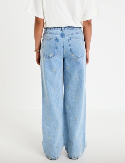 Jean wide leg taille haute brod&eacute; bleu femme