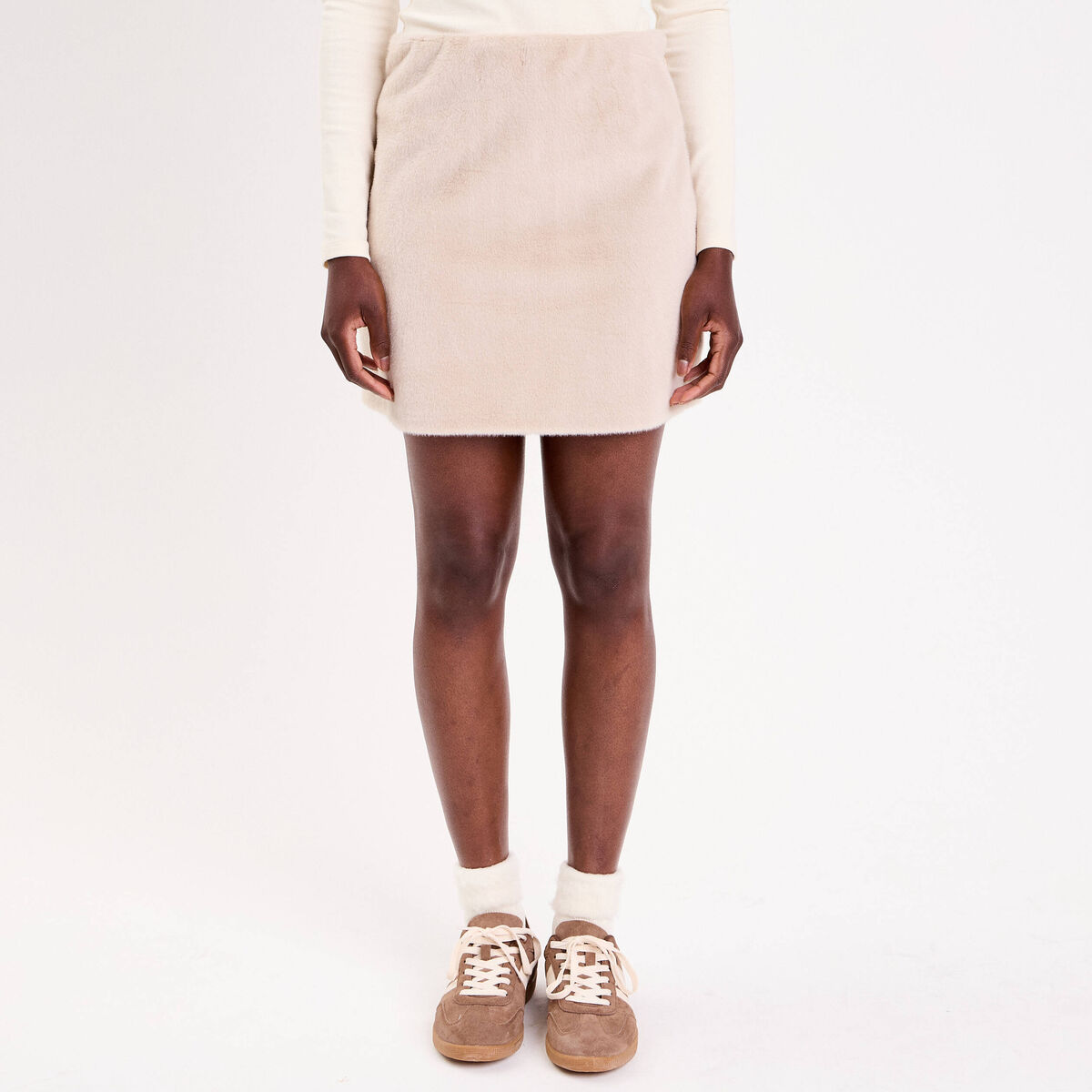 Jupe droite fausse fourrure sable femme