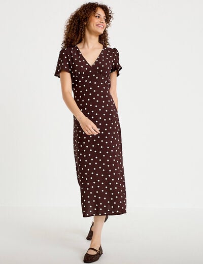 Robe longue &eacute;vas&eacute;e col v manches courtes marron femme