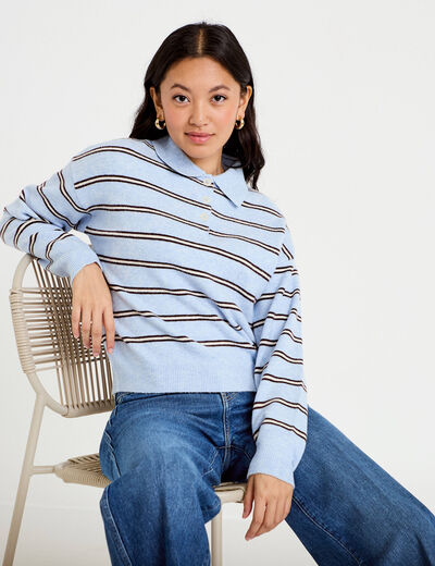 Polo manches longues col chemise bleu ciel femme
