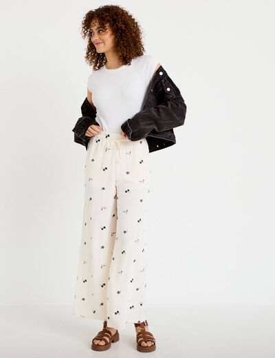 Pantalon large brod&eacute; taille standard blanc femme