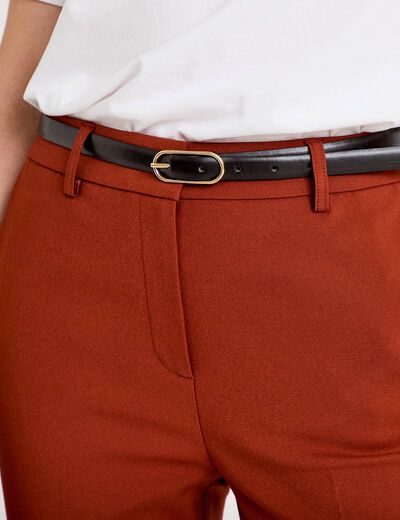 Pantalon cigarette ceintur&eacute; marron cognac femme