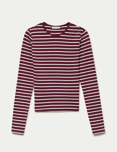 T-shirt ajust&eacute; col rond manches longues rose femme
