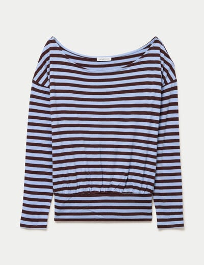 T-shirt col bateau manches longues bleu femme
