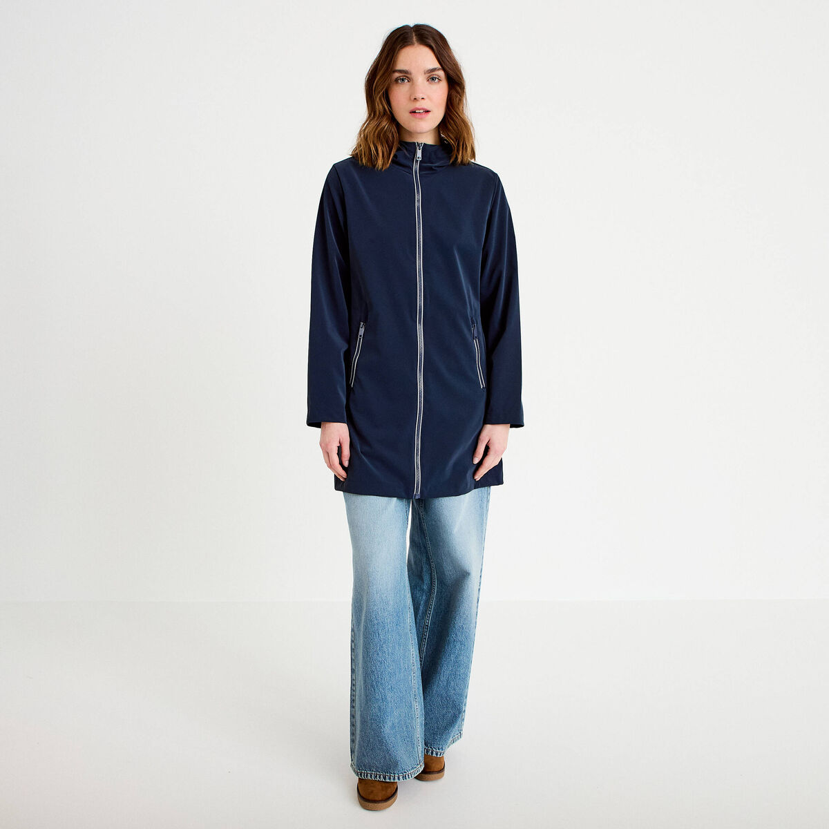 Parka &agrave; capuche manches longues bleu marine femme