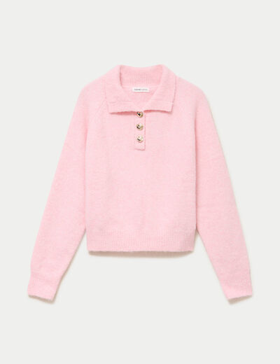 Polo manches longues col chemise rose clair femme