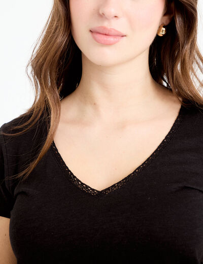 T-shirt col v manches courtes noir femme