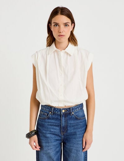 Chemise effet boule col am&eacute;ricain ecru femme