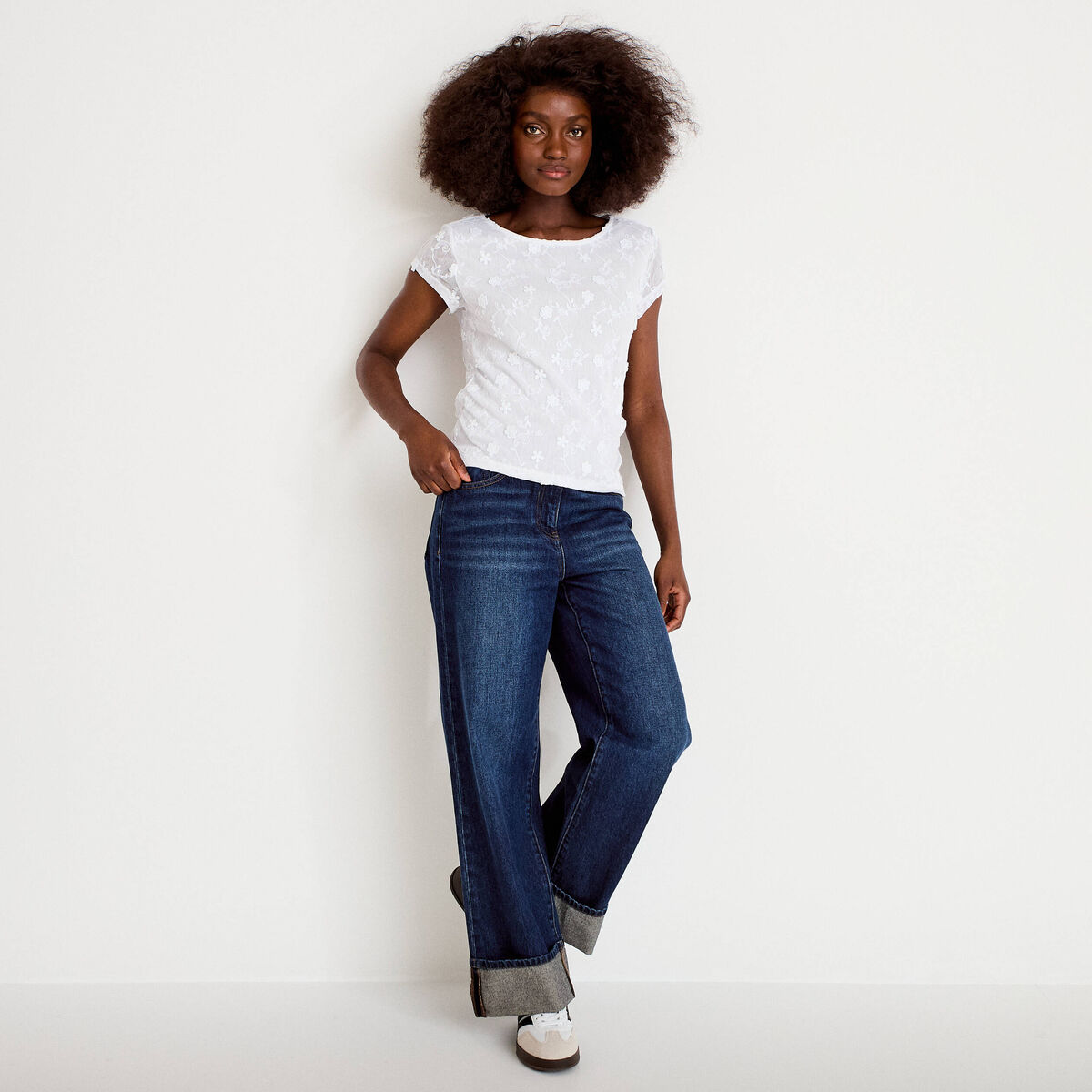 T-shirt ajust&eacute; col rond dentelle blanc femme