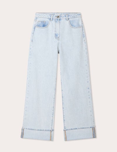 Jeans droit &agrave; revers denim bleach femme