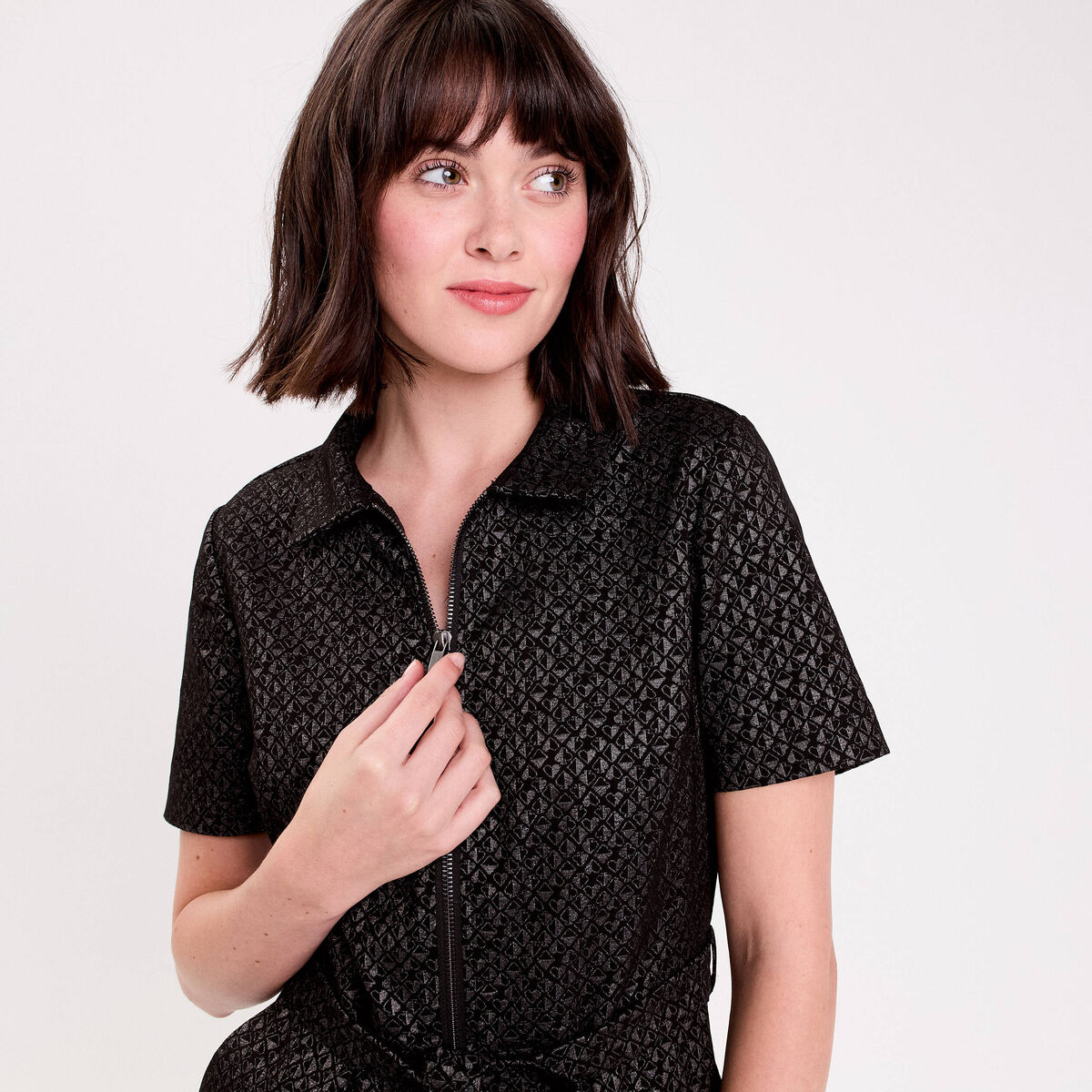 Robe droite courte col chemise noir femme