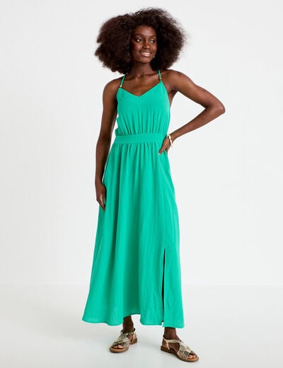 Robe &eacute;vas&eacute;e 3/4 col v bretelles vert femme