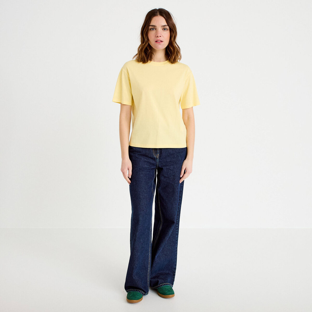 T-shirt col rond manches courtes jaune clair femme