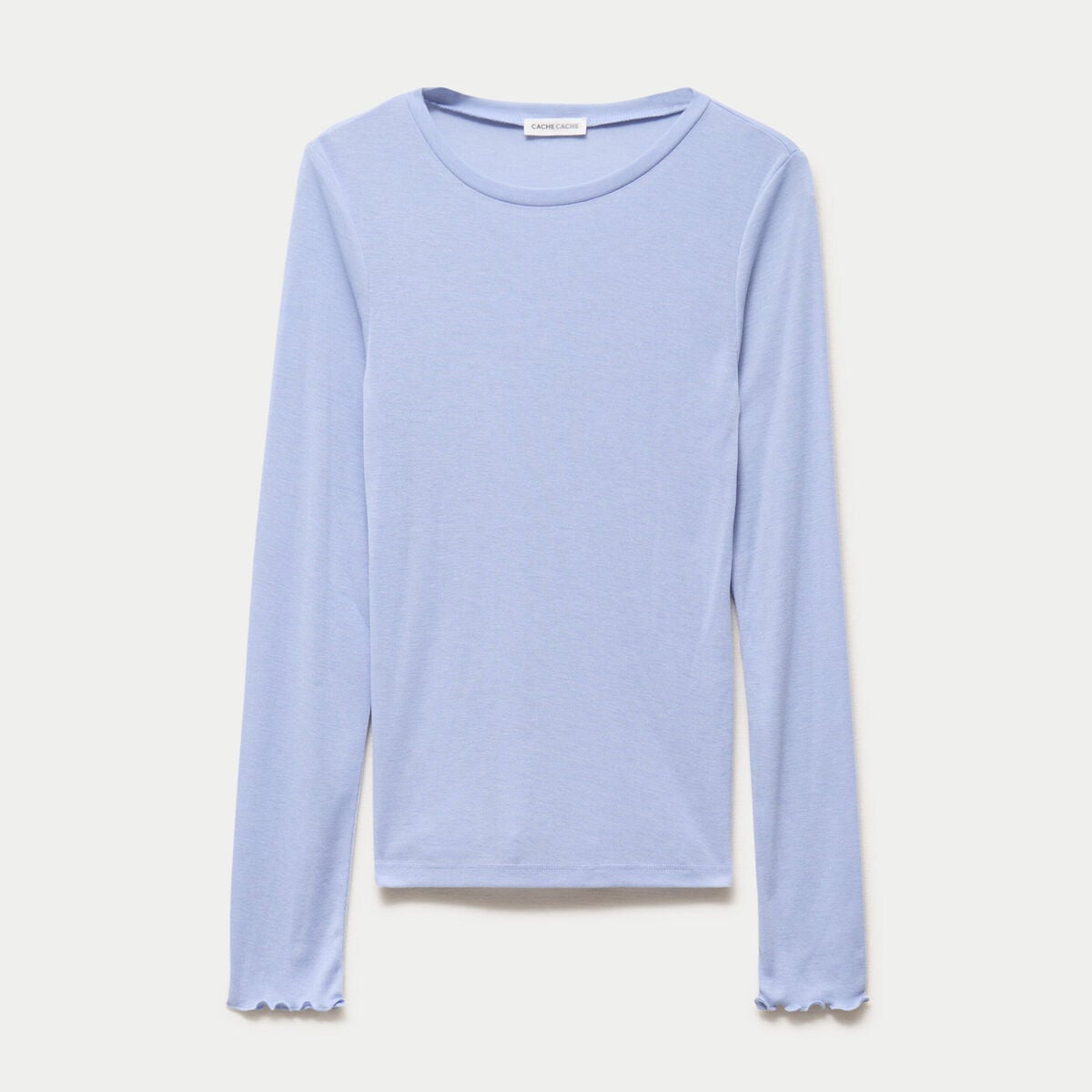 T-shirt ajust&eacute; col rond manches longues bleu clair femme