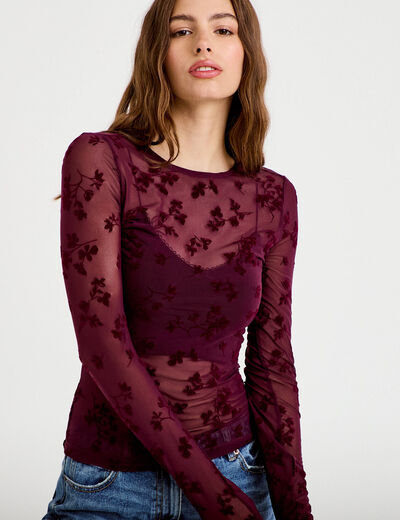 T-shirt ajust&eacute; manches longues prune femme