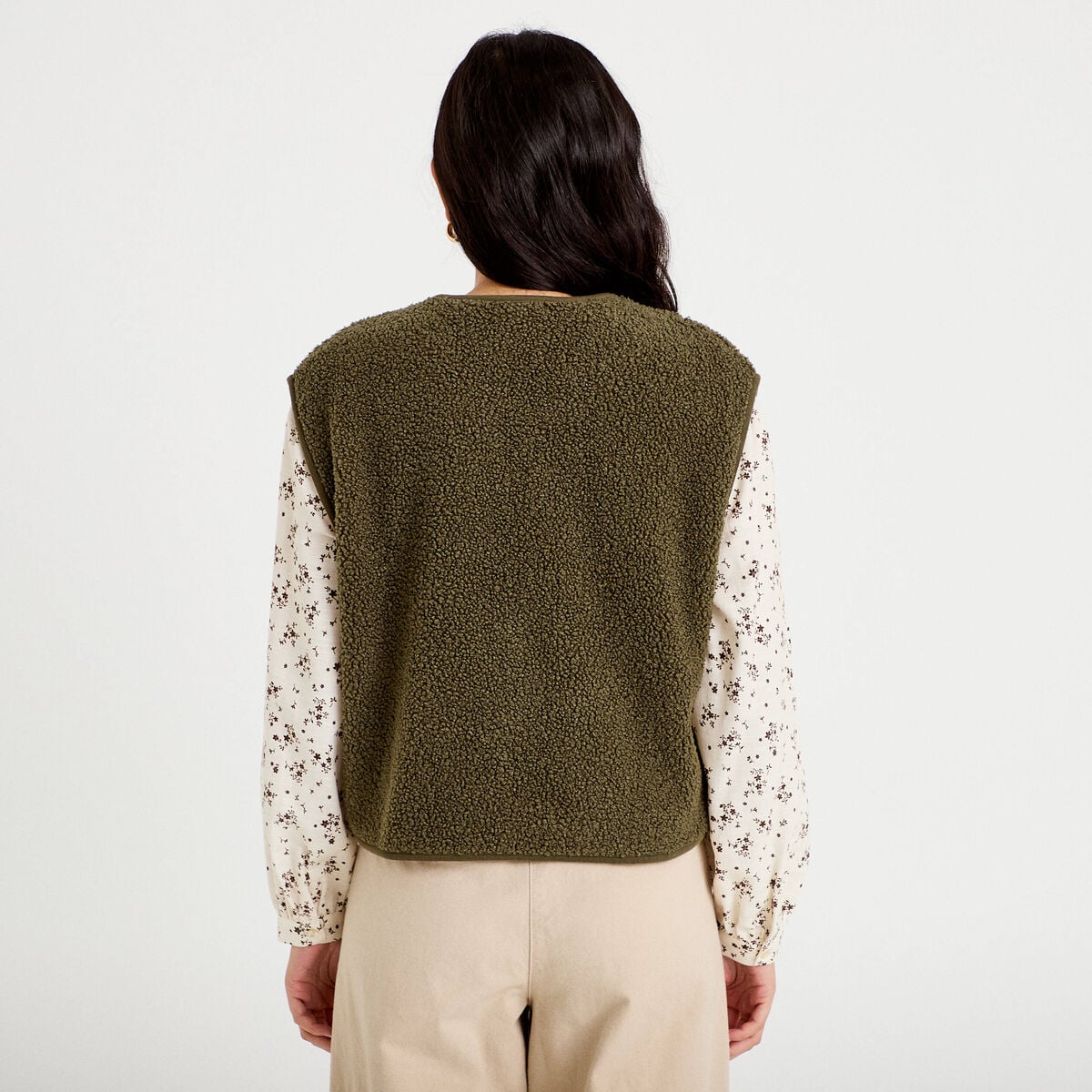 Gilet sans manches effet polaire vert kaki femme