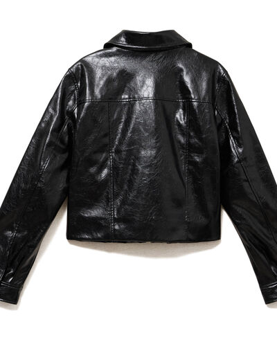 Veste droite cropped en similicuir noir femme