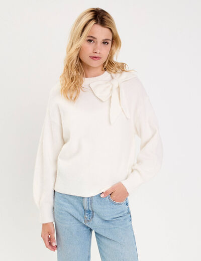 Pull oversize col avec noeud ecru femme
