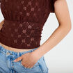 T-shirt ajour&eacute; col v manches courtes marron femme
