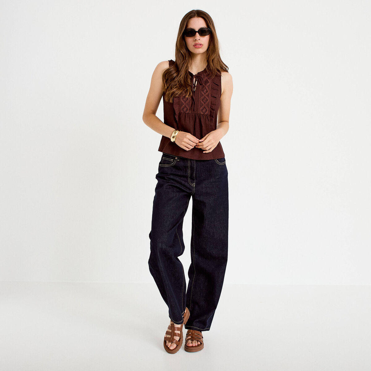Top sans manches col v marron femme