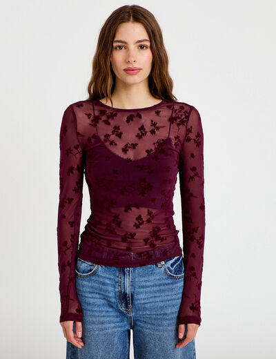 T-shirt ajust&eacute; manches longues prune femme