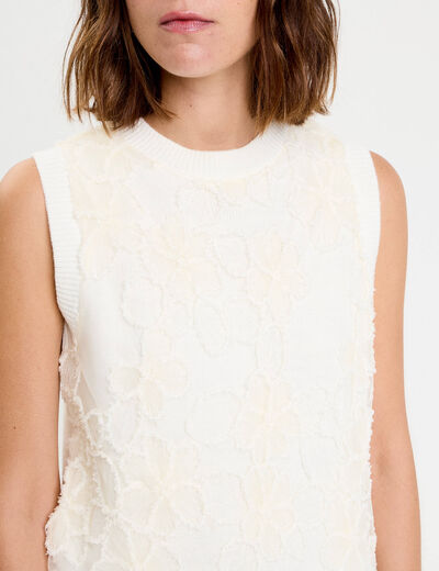 Pull sans manches &agrave; motif floral ecru femme