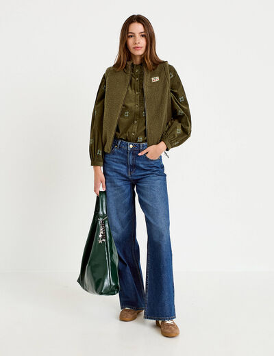 Veste sans manches col montant bouclette vert kaki femme