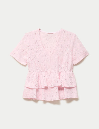Blouse d&eacute;collet&eacute; manches courtes rose clair femme