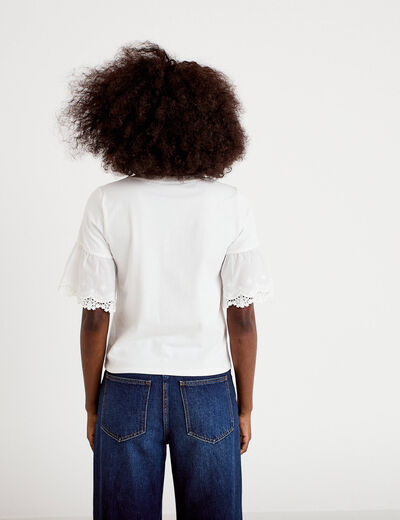 T-shirt broderie manches courtes ecru femme