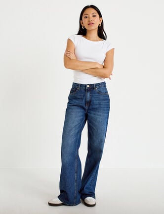 Jeans wide leg taille haute bleu fonc&eacute; femme