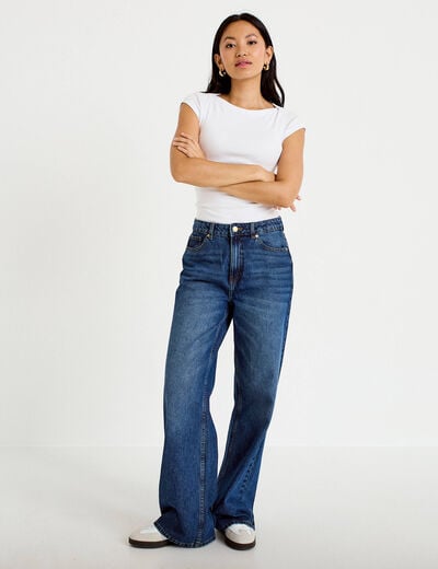 Jeans wide leg taille haute bleu fonc&eacute; femme