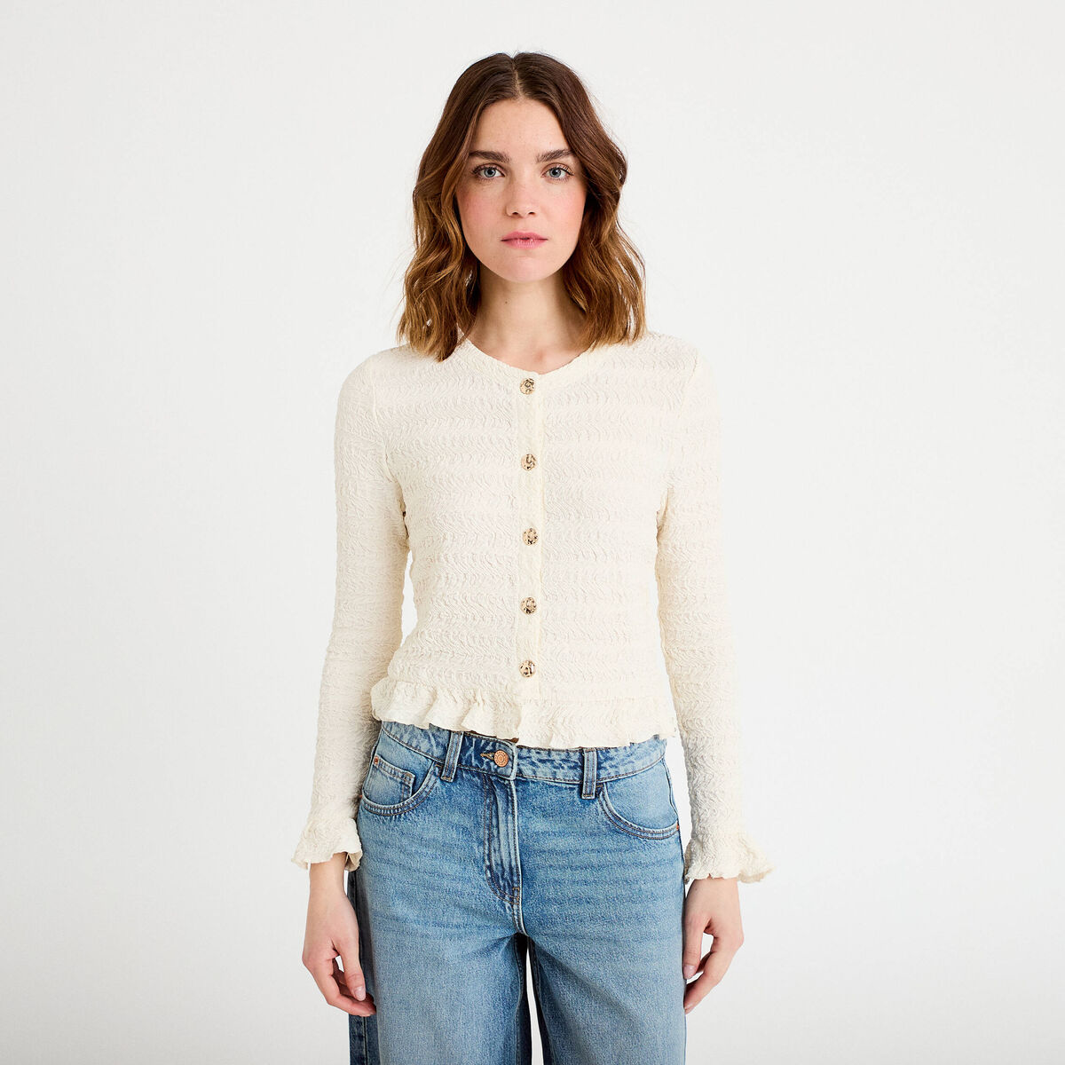 Gilet col rond manches longues ecru femme