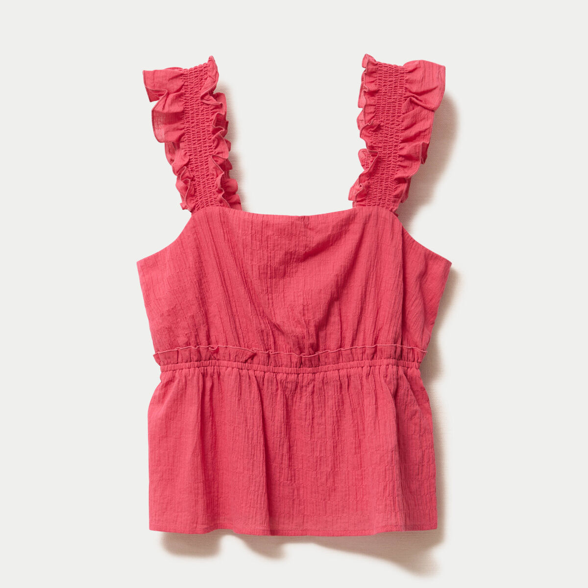 Top pliss&eacute; col carr&eacute; fines bretelles rose framboise femme