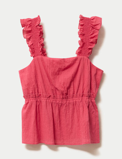 Top pliss&eacute; col carr&eacute; fines bretelles rose framboise femme
