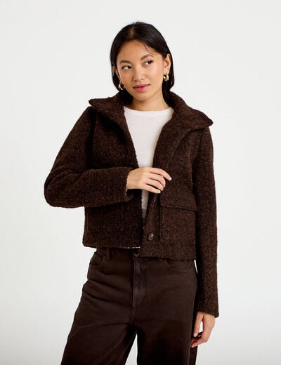 Veste droite bouclette col montant marron fonc&eacute; femme