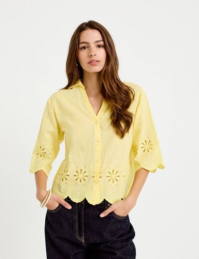 Chemise droite col classique manches 3/4 jaune pastel femme