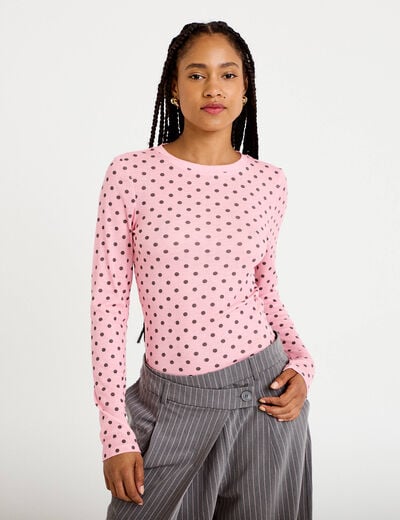 T-shirt ajust&eacute; col rond manches longues rose corail femme