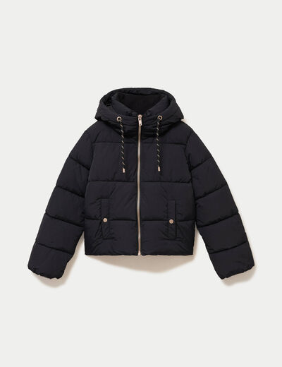 Doudoune droite cropped &agrave; capuche noir femme