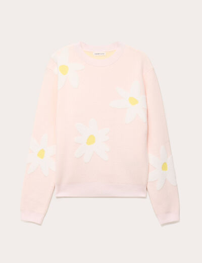 Pull motif fleurs rose clair femme